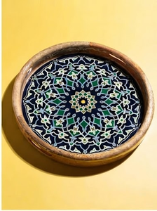Handcrafted Round Wooden <b>Decorative</b> <b>Tray</b> With Geometric Enamel Coated Mandala Pattern Bohemian Design Handcrafted Single Piece - Product Image 3