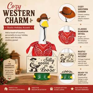 Décoration de jardin saisonnière : Statue de cowboy avec bandana rouge et oie pimbêche suspendue - Product Image 3