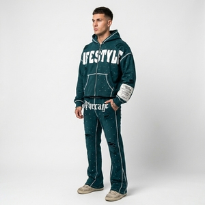 Survêtement homme streetwear coupe ample, effet vieilli, avec broderie et appliques, délavage acide, fermeture éclair, strass, en tissu premium - Product Image 6