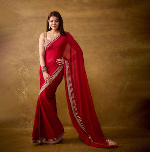 เสื้อส่าหรีผ้าไหมบานาราสีสำหรับผู้หญิง ออกแบบโดยดีไซเนอร์ ซักแห้งเท่านั้น เหมาะสำหรับงานแต่งงาน งานปาร์ตี้ ฤดูหนาว สไตล์อินเดีย ปากีสถาน ความยาวระดับเข่า สไตล์บอลลีวูด - Product Image 1