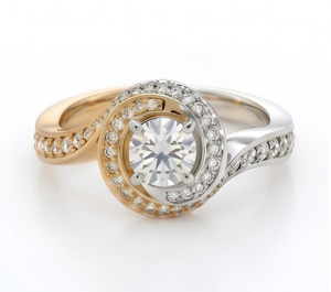 Bague de fiançailles en or bicolore avec diamant de laboratoire |   Bague solitaire Swirl Halo pour femmes |   Bijoux de Mariage de Luxe Plaqués Rhodium - Product Image 1
