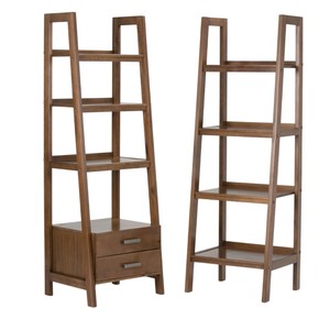 Estantería Moderna de Madera Maciza para el Hogar, con Almacenamiento, Hecha a Mano, con 4 Estantes y 2 Cajones, Acabado Marrón Saddle, para Sala de Estar - Product Image 1