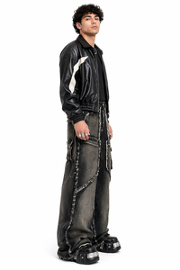 Mens Washed Black Distressed Cargo Denim Jeans Wide Leg Streetwear <b>Pants</b> Multi Pocket Utility Designer Jeans Vintage Fade Heavy - Product Image 2