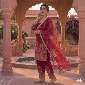 Conjunto de Salwar Kameez pakistaní de lujo con bordado de vino y dupatta de red, traje de diseñador étnico para fiestas y bodas para mujer - Product Image 3