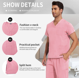 Scrubs for Men <b>Set</b> V-Neck Top & Straight Leg Pants Stretch Nursing Uniform <b>Set</b> with Adjustable Waistband and Multiple Pockets - Product Image 3