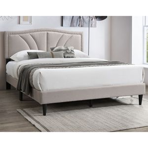 โครงเตียงควีนไซส์สไตล์โมเดิร์นวินเทจ 1 ชิ้น ผ้ากระสอบสีน้ำตาลอ่อน พร้อมตกแต่งขอบด้วยหมุดหัวเหล็ก หัวเตียงหุ้มเบาะ - Product Image 5