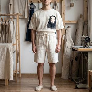 Conjunto de Dos Piezas para Hombre, Camiseta y Pantalones Cortos de Algodón Grueso y Transpirable, Estilo Urbano, con Apliques de Borde Crudo y Gráfico sin Rostro, Atuendo de Verano - Product Image 4