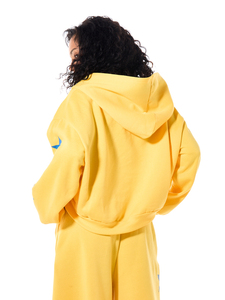 Sudaderas con capucha premium para mujer, con cremallera completa, amarillas, mezcla de algodón, diseño de estrellas y rayas, ropa urbana de otoño, fabricante de logotipos personalizados - Product Image 3