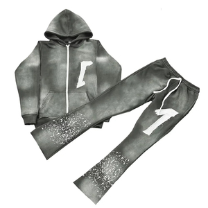Custom Distressed Embroidery 100% Cotton Windproof Tracksuit Set Oversized Drop Shoulder Streetwear <b>Pullover</b> Acid Wash Hoodie - Product Image 1
