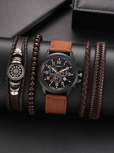 192039 5pcs/set Men's <b>Black</b> Leather Strap Quartz <b>Watch</b> Business and Fashionable Wristwatch With Woven Pu Leather Bracelet - Product Image 2