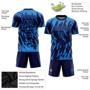 Conjunto de Uniforme de Fútbol con Diseño Gráfico Azul Desgastado, Sublimado, en Poliéster, Pantalones Cortos de Secado Rápido y Transpirables, para Equipos, Venta al Por Mayor, OEM - Product Image 3