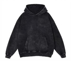 Sweat à capuche noir délavé surdimensionné pour homme, couleur unie, style décontracté automne, 100 % coton, molleton bouclette, manches longues, avec poches - Product Image 1