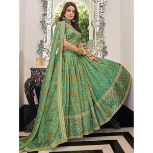 Lehenga Choli en organza imprimé floral vert attrayant, semi-cousu, vêtements Zeel, tenue Mehendi - Product Image 1