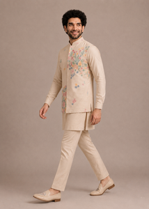 Floral Embroidered <b>Men</b> <b>Kurta</b> Pant Set Beige Satin Woven Formal Indian Outfit with Jacket - Product Image 2