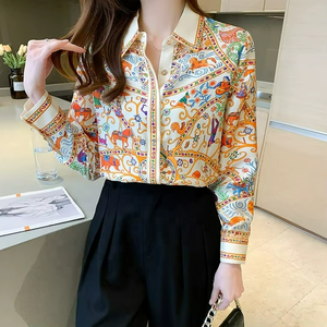 Chemisier Basique pour Femme de Bureau, Col Rabattu, Imprimé Vintage, Hauts Élégants en Chiffon, Blouses Amples Décontractées pour Femmes - Product Image 3