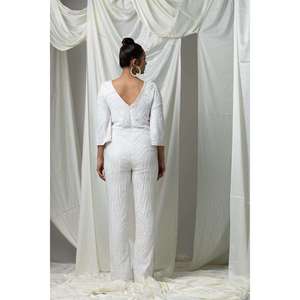 Women White <b>Sequin</b> Jumpsuit V Neck Long Sleeve Side Slit, Party Wear | Luxury Evening Outfit | Wedding Wear India 2026 Designer - Product Image 2