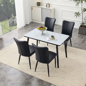 Tavolo da Pranzo Moderno Bianco con Effetto Marmo, Piano in Vetro, Base in MDF Nero e Gambe in Metallo Nero, Set Tavolo e Sedie - Product Image 3