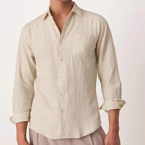 Summer Breathable Knitted Linen Cotton <b>Satin</b> Plain Dyed Full Sleeve Casual Anti-Wrinkle <b>Men's</b> <b>Shirt</b> - Product Image 1