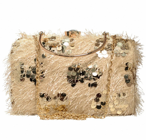 Elegante Bolso de Mano con Lentejuelas Beige, Exterior de Tela, Interior de Seda Cruda, con Cadena de Hombro y Cierre de Broche - Product Image 2