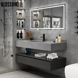 Tùy chỉnh Wall Mount Đá Nhân Tạo phòng tắm hiện đại bằng đá cẩm thạch Tủ tay rửa lưu vực thiêu kết đá Vanity chìm với gương - Product Image 4