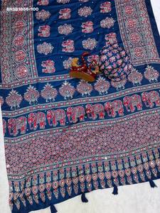 Premium Quality Japan Satin with Ajrakh-Traditional Motif Print & Real Mirror work <b>Saree</b>-Set Collection Indian Supplier - Product Image 6