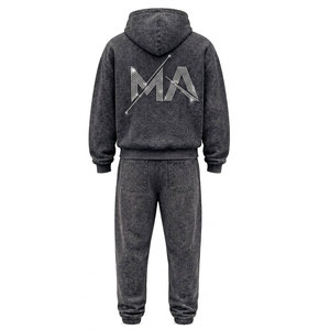 new 2026 Unisex Acid Washed Cotton Tracksuit Rhinestone Logo <b>Hoodie</b> Full Length Drawstring Pants Casual Wear Autumn Style - Product Image 5