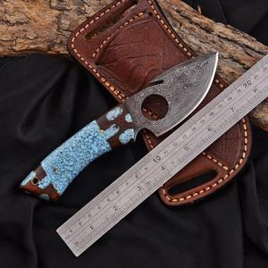 Couteau à pointe de lame en damas fait main, motif goutte de pluie, couteau de chasse et de dépecage personnalisé avec manche en bois de rose et turquoise - Product Image 2