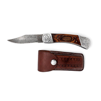 Couteau pliant à lame droite en acier Damas 15 cm, pointe clip, manche en bois, étui en cuir gravé, pour poche, extérieur, camping, chasse