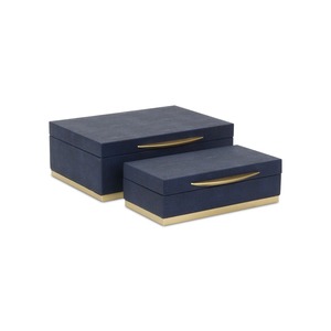 Boîte à bijoux rectangulaire moderne de luxe en cuir bleu marine avec couvercle, 1 couche, conteneur de rangement à charnière - Product Image 3
