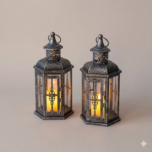 <b>Set</b> Of 2 Vintage Black Metal Hanging Candle <b>Lanterns</b> Hexagonal Decorative <b>Lanterns</b> With Tempered Glass For Home Wedding Garden - Product Image 2