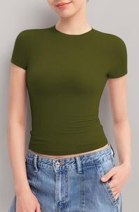 T-shirt court en jersey uni pour femme, été, 180 g/m², col rond, en spandex, doux, respirant et teint uni, style décontracté - Product Image 4