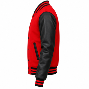 Chaqueta universitaria roja y negra para hombre de Cosh International con mangas de cuero auténtico y botones estilo béisbol - Product Image 2
