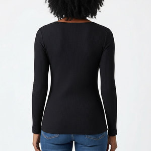 Women's Ribbed Henley Long Sleeve <b>Top</b> Snap Button Notch Neck Slim Fit Stretch Knit Custom OEM Wholesale Factory Price - Product Image 2