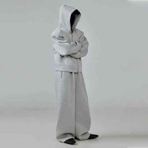 Ensemble de survêtement gris imprimé 2-en-1 le plus vendu, comprenant une veste à capuche avec cordon de serrage et un pantalon de sport, effet délavé et teint en pièce - Product Image 5