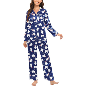 Ensemble de pyjama en satin bleu pour femmes, manches longues, imprimé motif ours polaire, vêtements de nuit doux pour l'hiver - Product Image 4