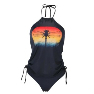 Traje de baño de una pieza para mujer, con estampado de libélulas, con cordón lateral y lazo, ropa de playa de poliéster negra - Product Image 1