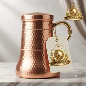 Premium Hammered Pure Copper Water <b>Jug</b> Cylindrical Shape With Lid Handcrafted Ayurvedic Pitcher Metal Drinkware - Product Image 1