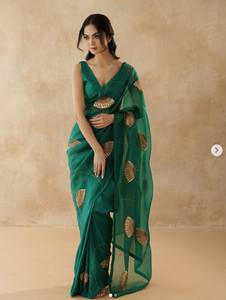 SADIA AUN HUTE COUTURE Elegant <b>Green</b> <b>Silk</b> Kurta Gold Foil Print Regular Fit Floor-Length Wedding Wear Quick Dry Sun Protection - Product Image 1