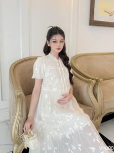 Vestido de Maternidad V1000 de Chifón de Seda Suave Bordado, Cómodo de Usar, con Diseño Recto y Sin Decoloración - Product Image 3