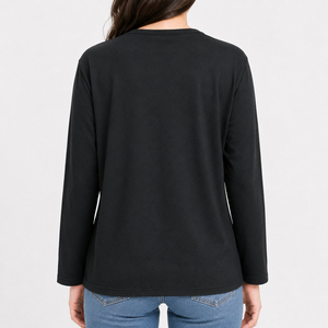 T-shirt à manches longues et col rond noir pour femme, en jersey uni, haut décontracté - Product Image 4