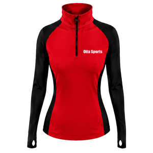 Women Quarter Zip Athletic <b>Top</b> <b>Red</b> <b>Long</b> <b>Sleeve</b> Fitted Sports Training Shirt High Collar Thumbhole Performance Activewear - Product Image 1