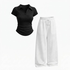 Women's Summer Tracksuit <b>Polo</b> <b>Neck</b> Short Sleeve <b>Top</b> Loose Fit Wide Pants Soft Cotton Blend - Product Image 6