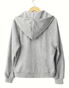 Women's Gray Hooded Zip-Up Sweatshirt with Front Pocket Casual Solid Knitted Pullover Winter Wear Eco-Friendly Polyester/Cotton - Product Image 6