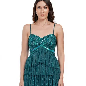 Robe de cocktail de luxe vert turquoise en tulle à volants, lourdement ornée de perles et de paillettes, à fines bretelles, pour femme - Product Image 6