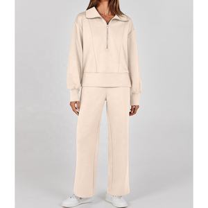 Logo personnalisé hiver femmes survêtement deux pièces pull pantalon de survêtement taille haute pantalons de survêtement grande taille ensembles de sweat-shirts - Product Image 6