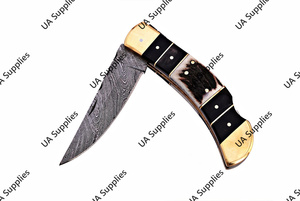 มีดพับเหล็กดามัสกัสทำมือ ปลายคมแบบคลิปพอยต์ ด้ามทำจากเขาสัตว์และทองเหลือง สำหรับพกพา แคมป์ปิ้ง กิจกรรมกลางแจ้ง EDC รับผลิตแบบ OEM ODM - Product Image 5