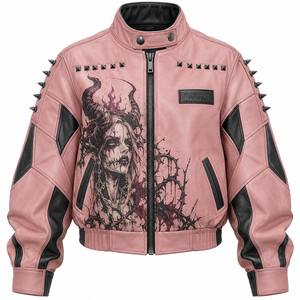 Chaqueta de Cuero Rosa para Mujer con Estampado Gráfico de Demonio con Cuernos, Tachuelas, Cuello Alto, Dobladillo Elástico, Estilo Bomber, Fabricante Personalizado - Product Image 1