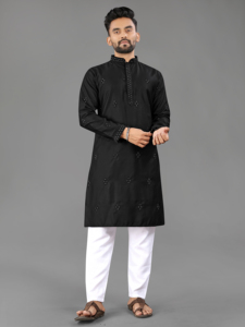 Kurta de Algodón Negro para Hombre con Bordado, Conjunto Churidar Blanco, Ropa Casual Tradicional India y Pakistaní, Largo hasta el Tobillo, Corte Regular - Product Image 1