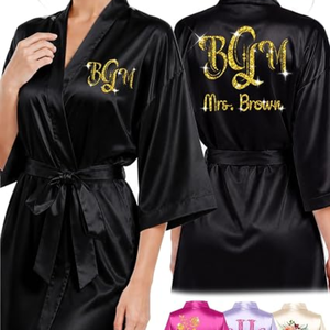 Personalized Luxurious Pink <b>Satin</b> Bridesmaid <b>Robe</b> Short Sleeve Mandarin Collar Knee Length Heat Transfer Printing Back Women's - Product Image 4
