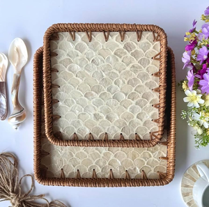 Plateau de service multifonction exquis fait main en nacre et rotin pour la décoration de salon, rangement et articles de table - Product Image 2